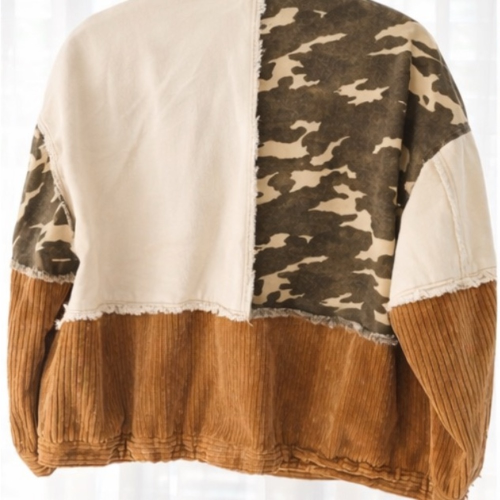 POL Patchwork Corduroy & Denim Jacket – Cream/Tan/Camo – Oversized Shacket Style - Picture 4 of 4